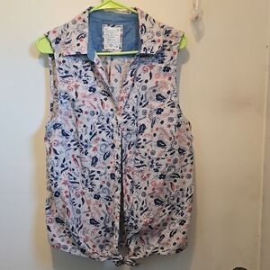 Style & Co. Floral Button-Down Sleeveless Shirt - Blue and Red